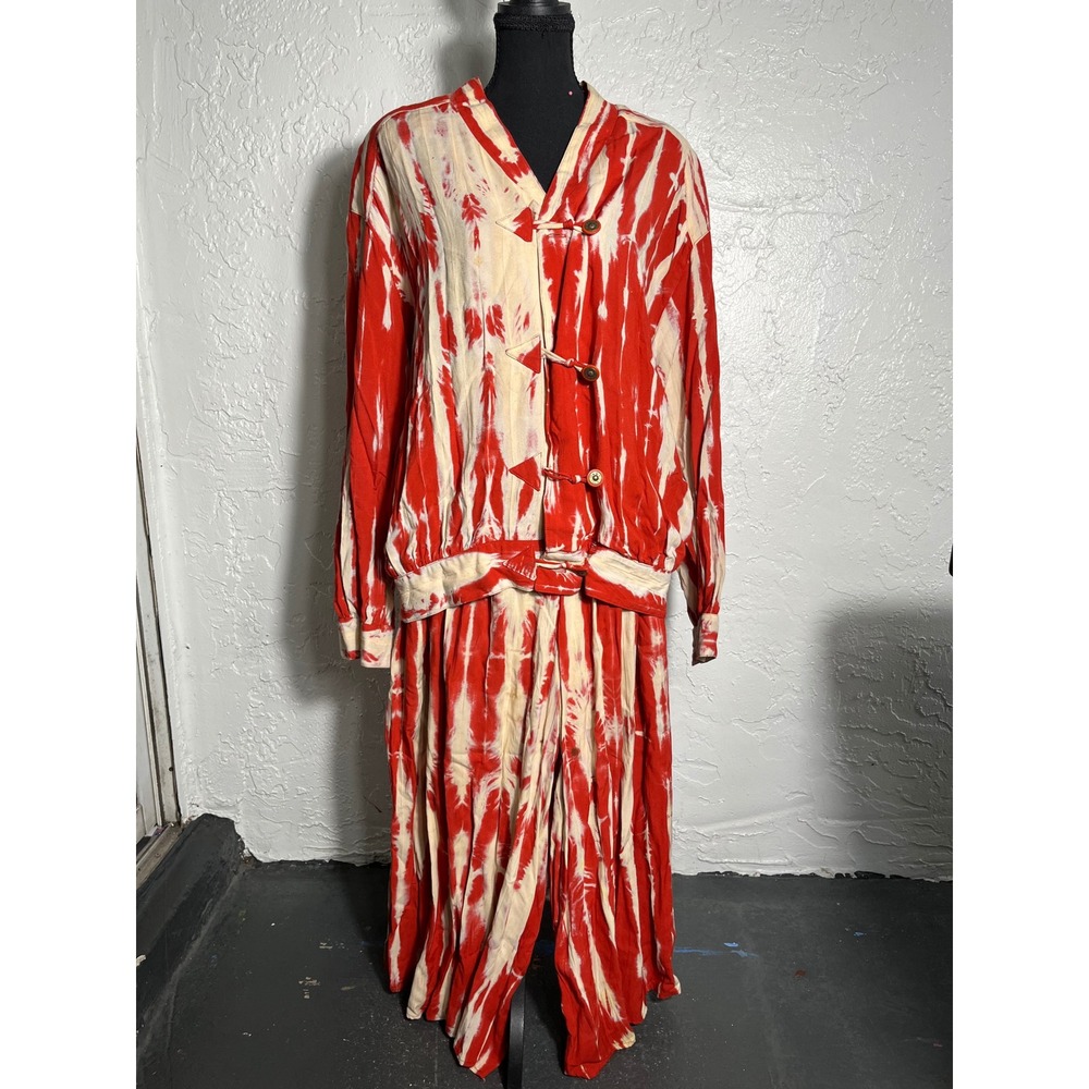 Carole Little Vintage 2 Piece Rayon Set Top 12 Pants 10 Red Cream Abstract